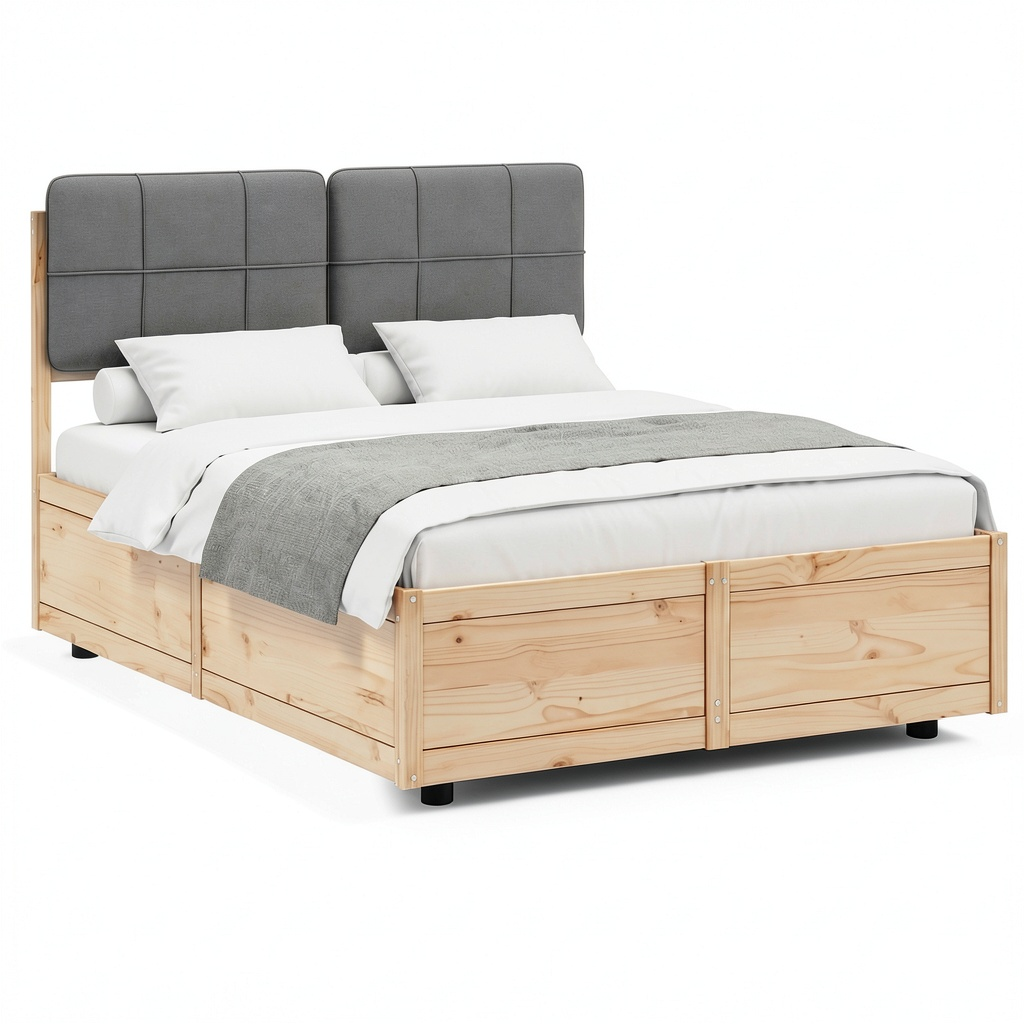 Struttura Letto Matrimoniale in Legno di Pino con Testiera Imbottita Grigio Chiaro 160x200 cm