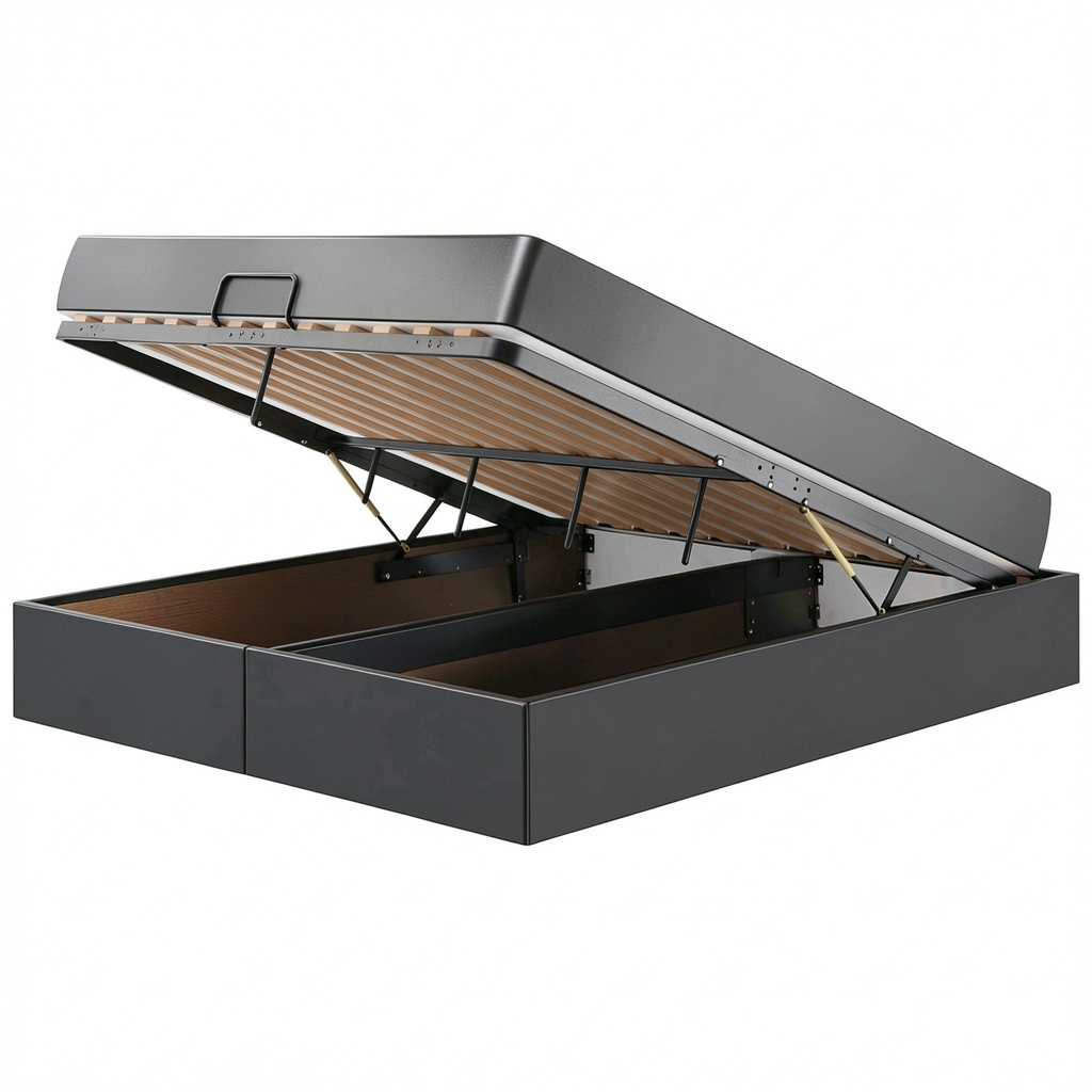 Letto King Size con Contenitore e Materasso in Pelle Nera con Testiera LED