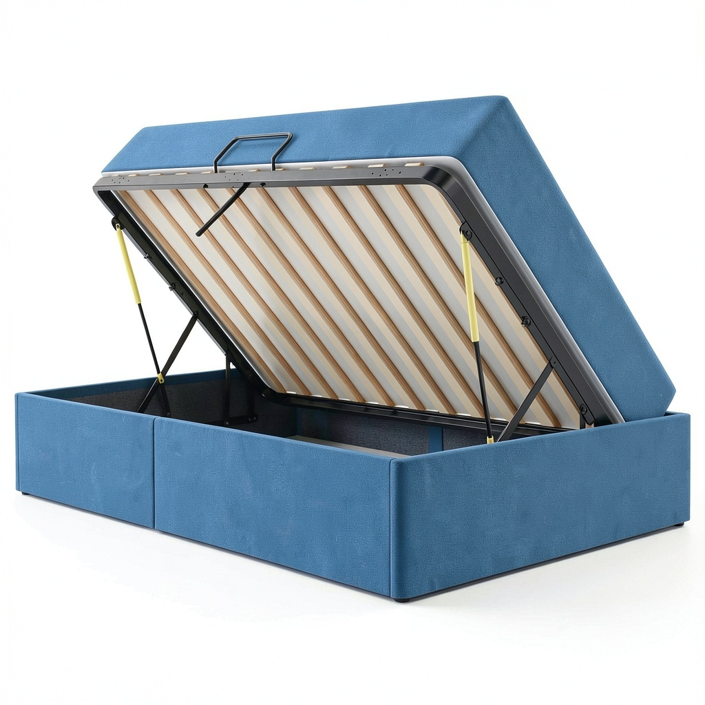 Letto Singolo 90x200 cm in Velluto Blu con Contenitore e Materasso