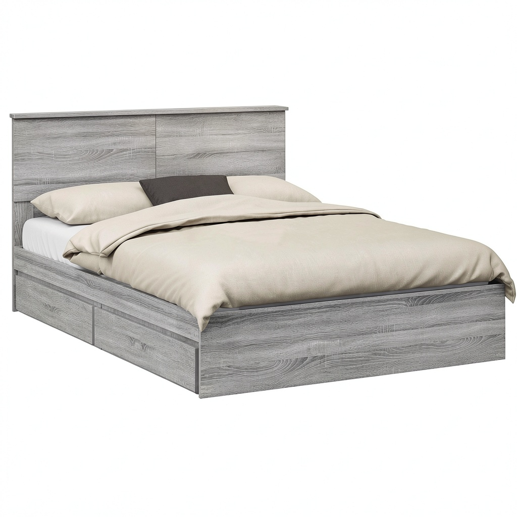 Letto Matrimoniale con Contenitore Grigio Sonoma 150x200 cm, Struttura con Cassetti e Base a Doghe in Legno