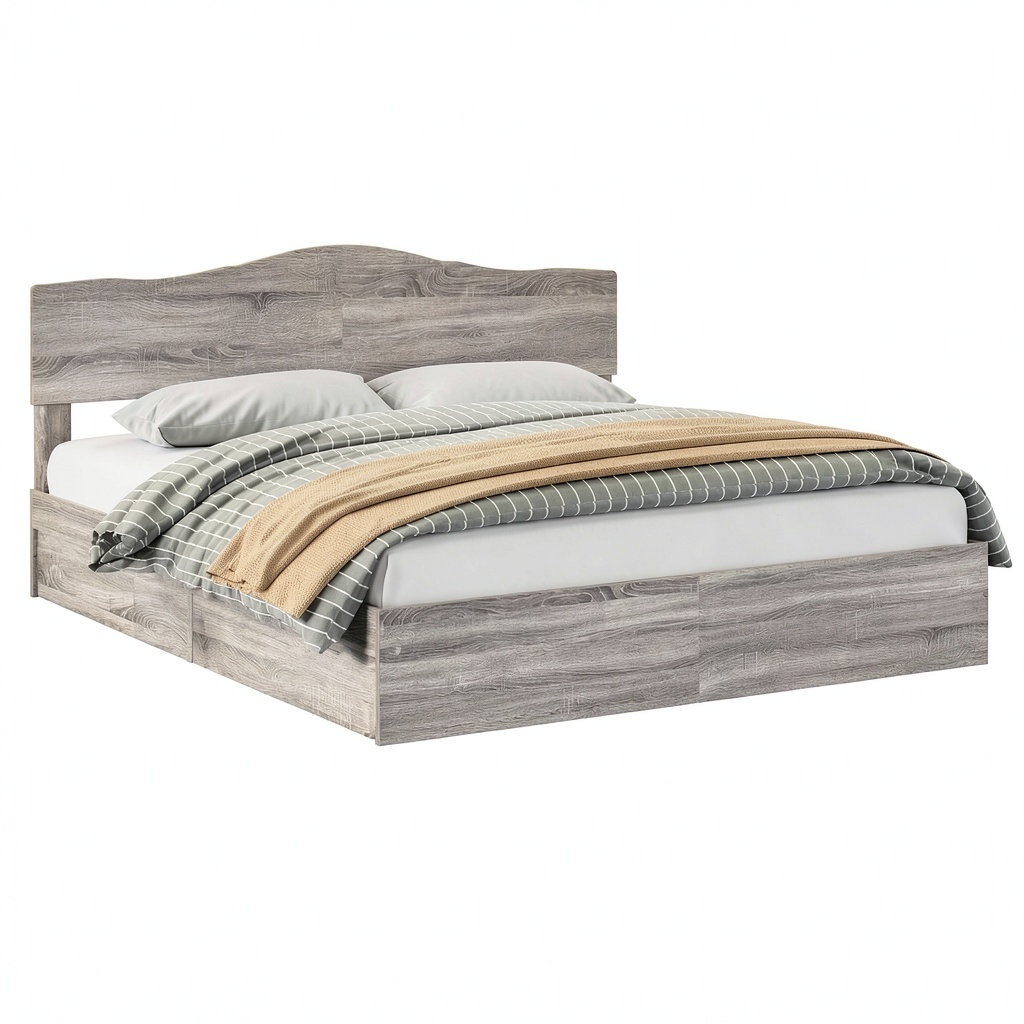 Letto Matrimoniale con Contenitore in Legno Grigio Sonoma 200x200 cm, con Cassetti e Testiera Facile da Montare