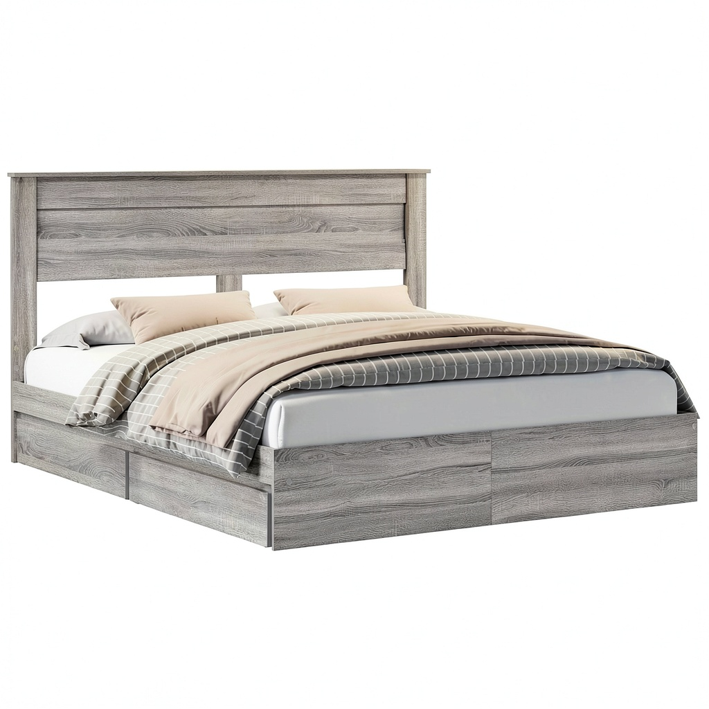 Letto Matrimoniale Grigio Sonoma 180x200 cm con Cassetti Contenitori, Struttura in Legno Moderno