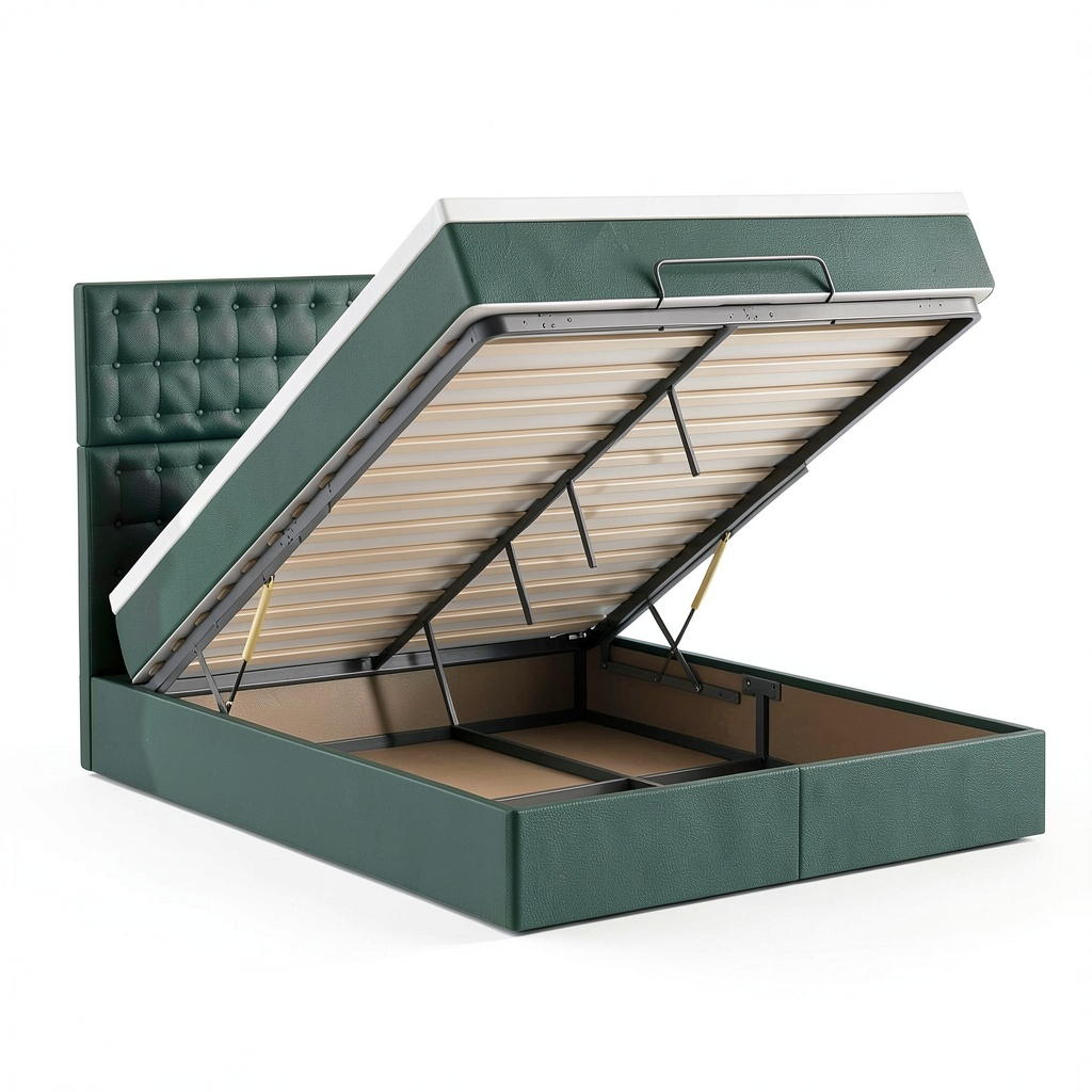 Letto in velluto verde scuro con materasso, dimensioni 160x200 cm, testiera imbottita e spazio di stoccaggio