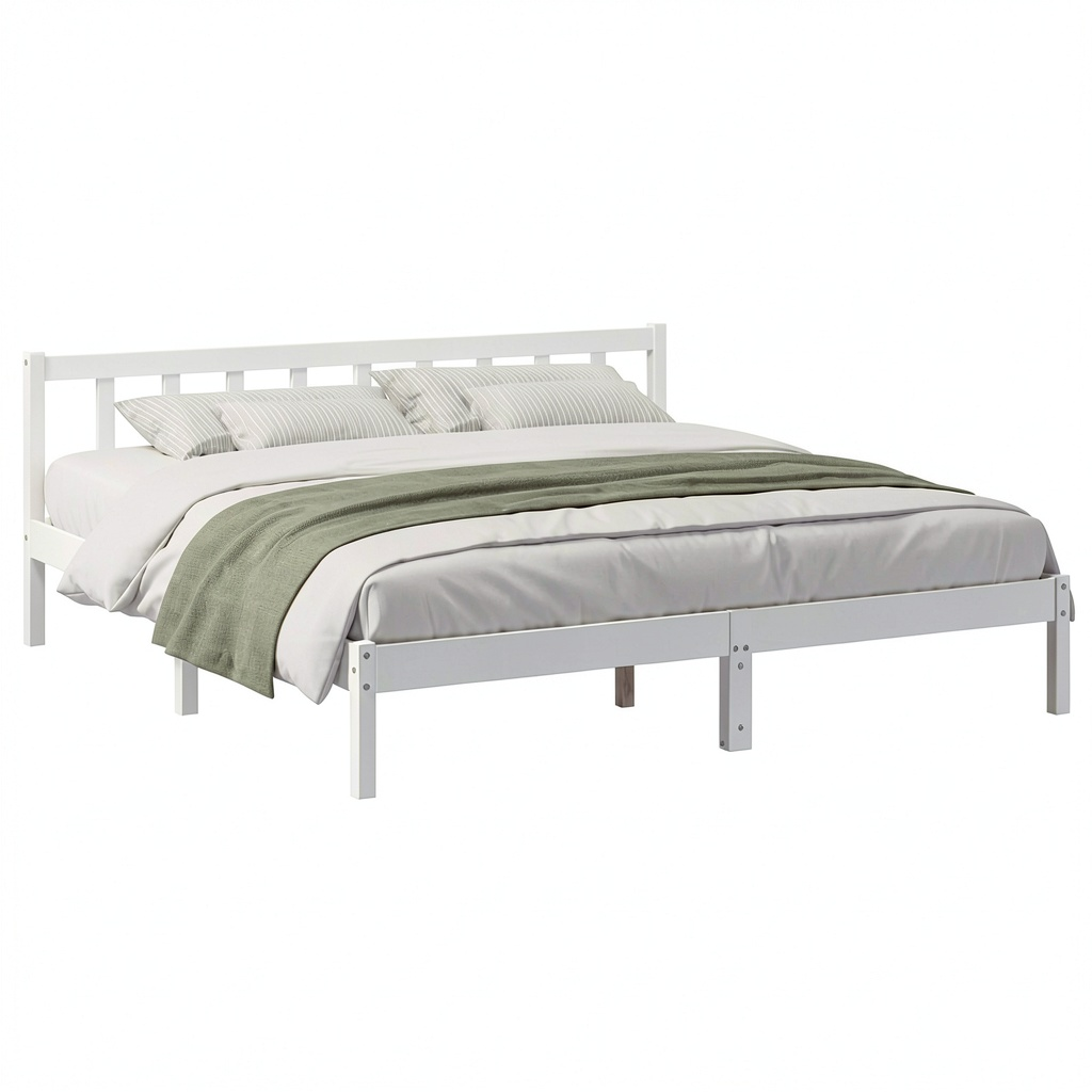 Letto matrimoniale in legno di pino bianco 200x220 cm con doghe robuste, stile moderno per camera da letto