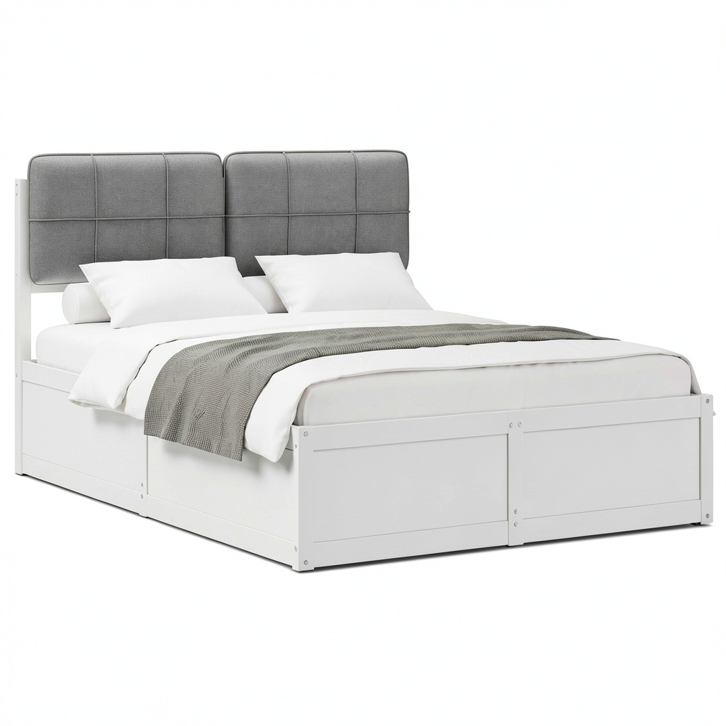 Letto King Size in Pino Massiccio con Testiera Imbottita, Grigio Chiaro, 160x200 cm