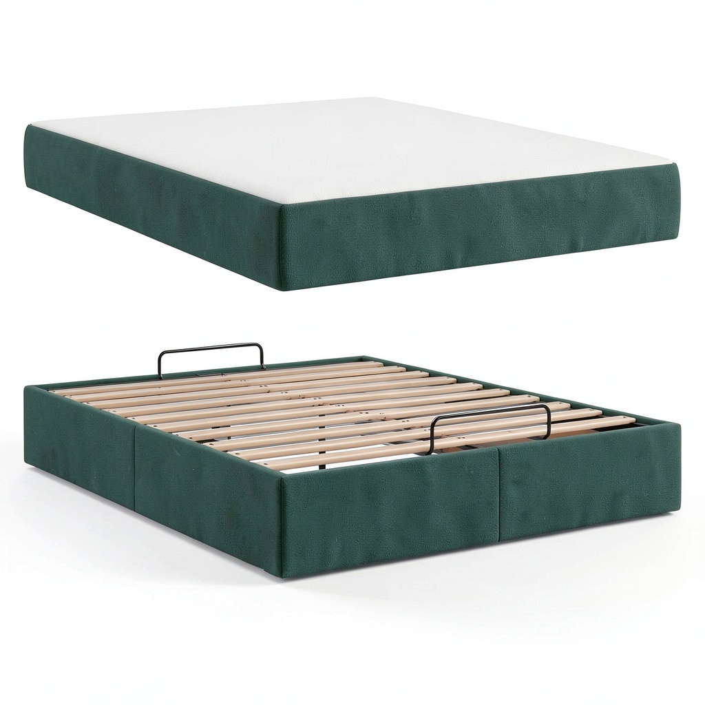 Letto Queen Size in Velluto Verde con Contenitore e Materasso Schiuma 140x200 cm