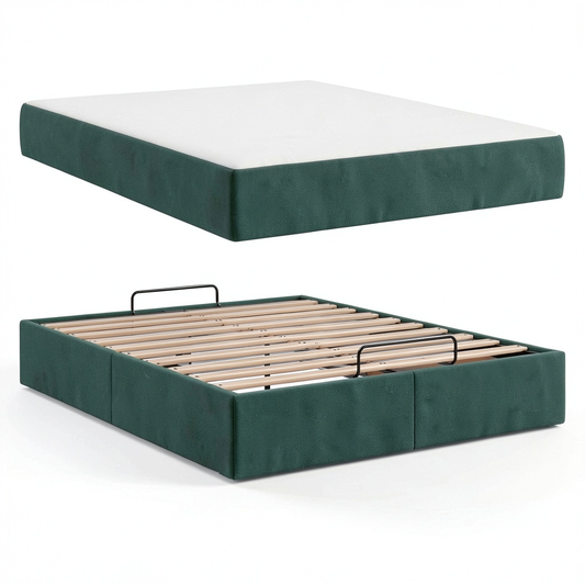 Letto Queen Size in Velluto Verde con Contenitore e Materasso Schiuma 140x200 cm