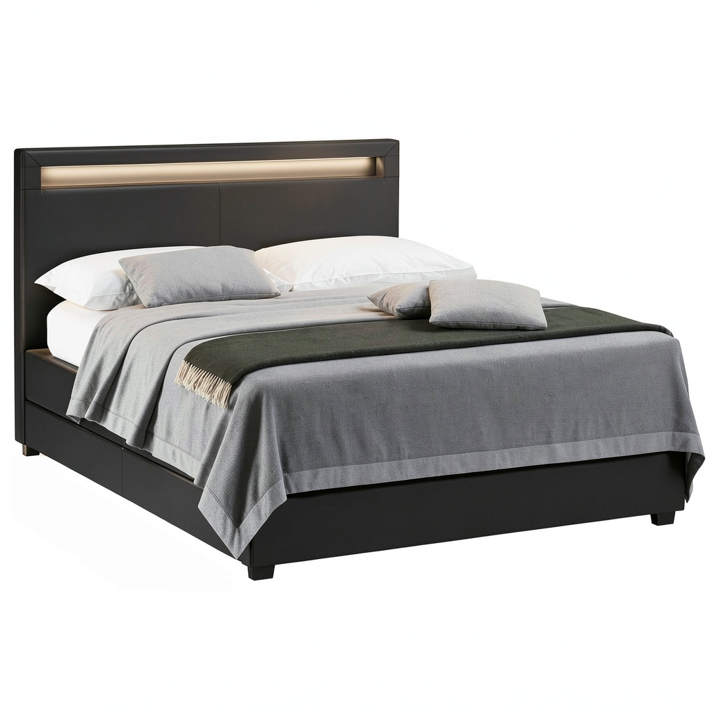 Letto Matrimoniale Moderno con LED e Cassetti 160x190 - Nero