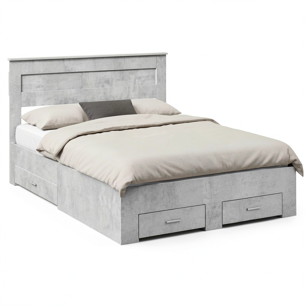 Letto Contenitore Moderno in Legno Ingegnerizzato 160x200cm Grigio Cemento con Cassetti e Testiera
