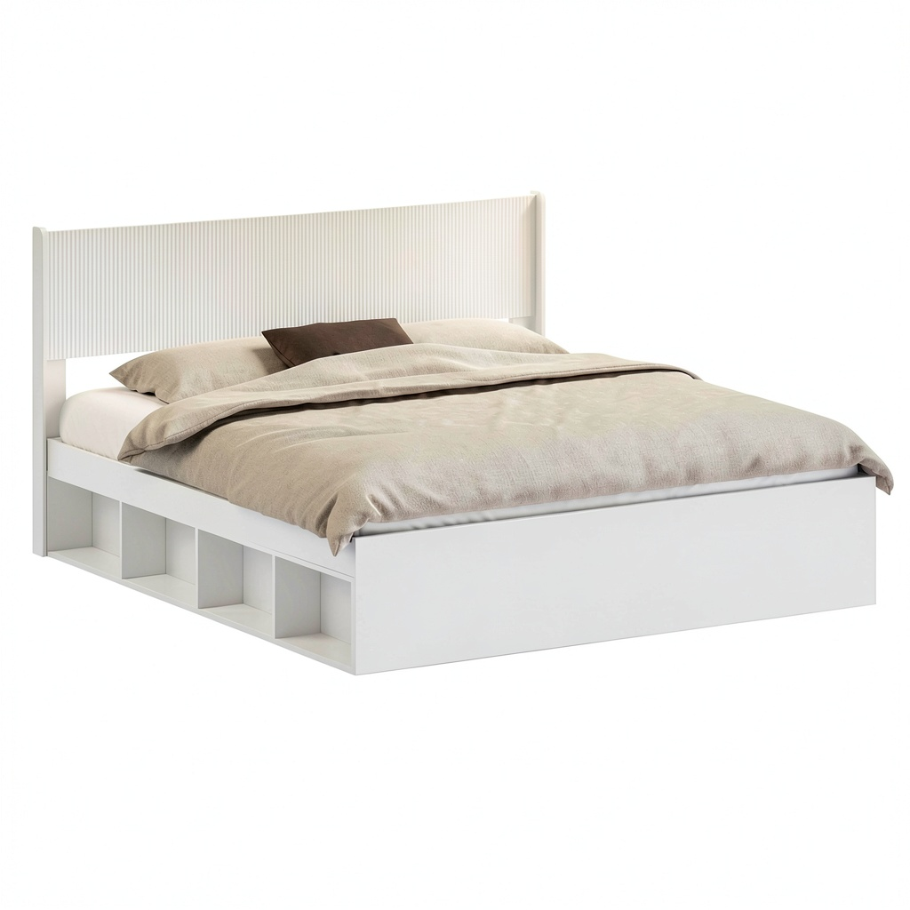 Letto Contenitore Matrimoniale 180x200 in Legno con Testiera e Ripiani Integrati, Bianco