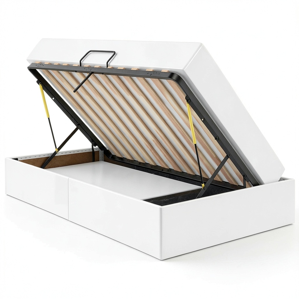 Letto King Size Moderno con Contenitore in Ecopelle Bianca e Doghe in Metallo