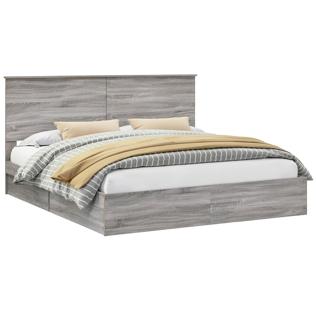 Letto Matrimoniale Contenitore 200x200 cm Grigio Sonoma con Cassetti e Testiera Moderna in Legno
