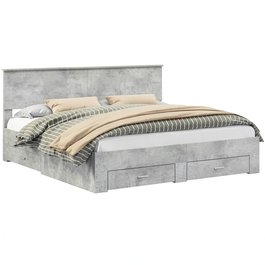 Letto Contenitore Matrimoniale Grigio Cemento 200x200 cm con Testiera e Cassetti