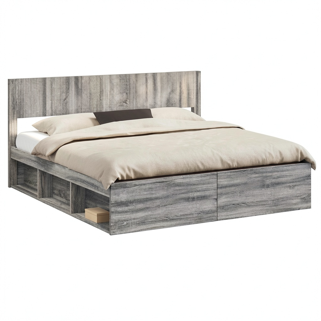 Letto Matrimoniale con Contenitore e Testiera, Finitura Sonoma Grigio, 180x200 cm, con Vani Portaoggetti