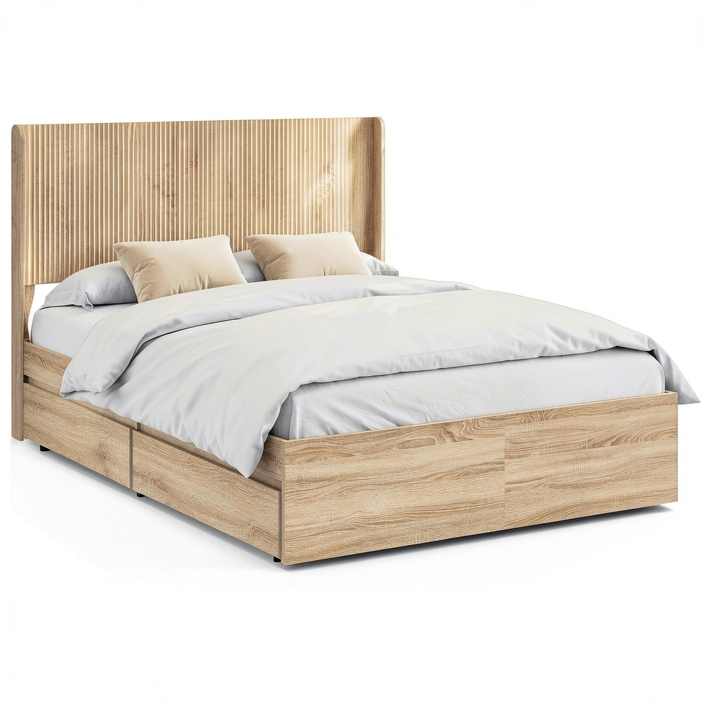 Letto matrimoniale con contenitore e testiera, rovere Sonoma, 160x200 cm, moderno, rete a doghe, cassetti integrati