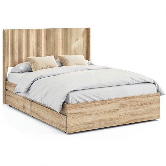 Letto matrimoniale con contenitore e testiera, rovere Sonoma, 160x200 cm, moderno, rete a doghe, cassetti integrati