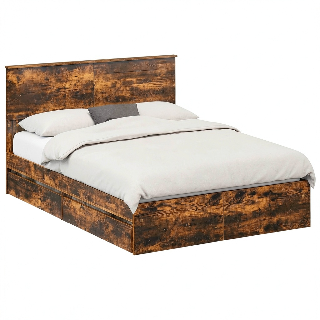 Letto Matrimoniale 160x200 cm con Contenitore e Testiera Rovere Fumé, Struttura in Legno Multistrato con Cassetti, Design Moderno e Robusto per Camera da Letto