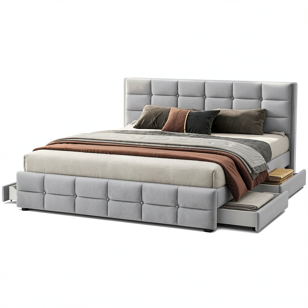 Letto Matrimoniale Imbottito con Contenitore 180x200 e Testiera Grigia