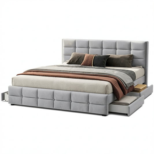 Letto Matrimoniale Imbottito con Contenitore 180x200 e Testiera Grigia
