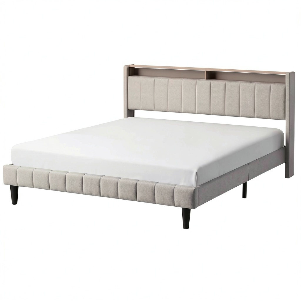 Letto King Size Beige con Testiera Imbottita e Luci LED Integrate, 180 x 200 cm