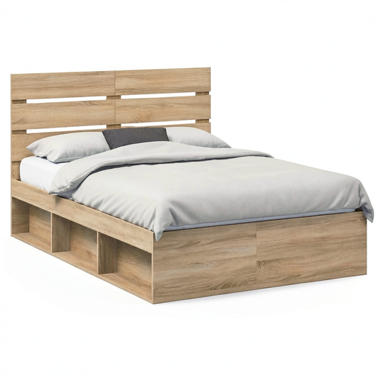 Letto Matrimoniale in Legno Massello di Pino con Testiera Moderna 150x200 cm Rovere Sonoma