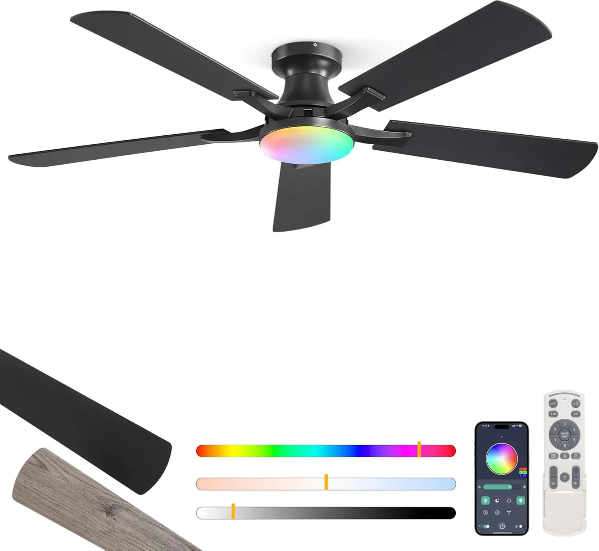 Ventilatore da soffitto ZMISHIBO - colore Nero - con telecomando, a LED, silenzioso - 20 W, 132 cm