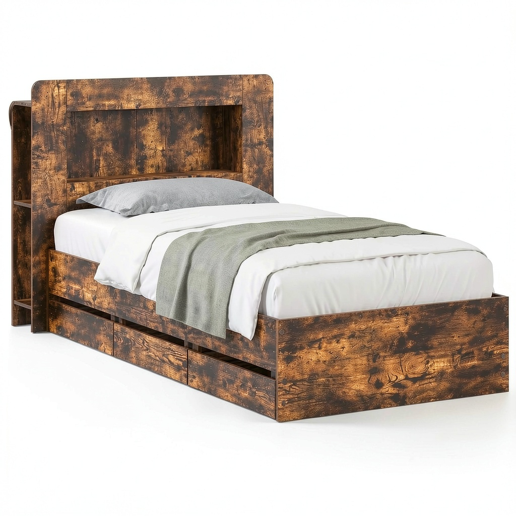 Letto Singolo con Contenitore 90x190 cm, Struttura Rovere Fumo con Cassetti e Testiera, Ideale per Camera Ospiti, Design Moderno 119.5x211.5x100 cm