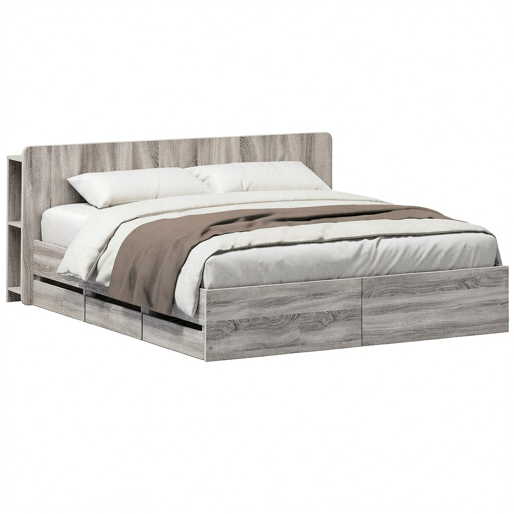 Letto Matrimoniale con Contenitore e Cassetti in Legno Sonoma Grigio 200x200 cm