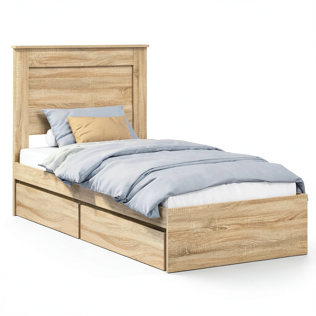 Letto con Contenitore e Testiera Imbottita 100x200 cm Rovere Sonoma per Camera