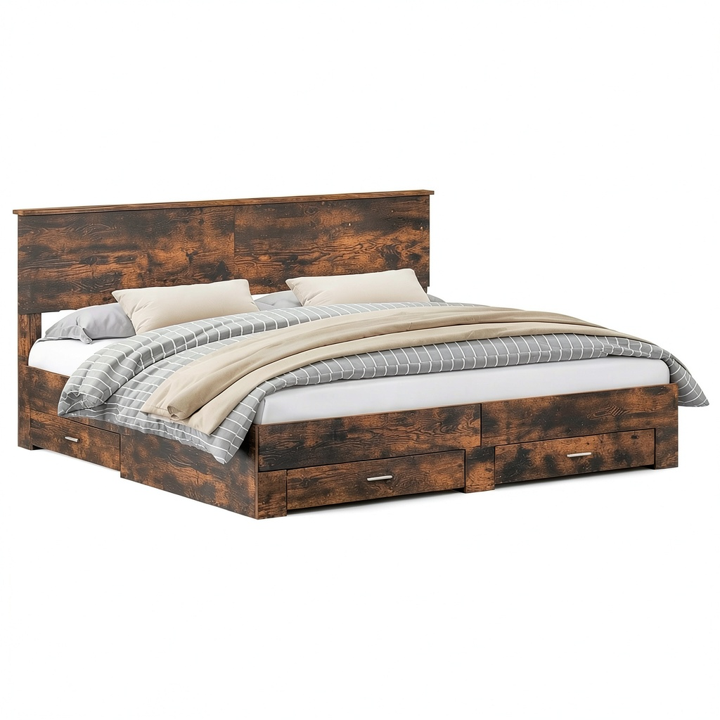 Letto Matrimoniale in Rovere Fumé con Contenitore e Cassetti 200x200 cm - Design Moderno Facile da Montare