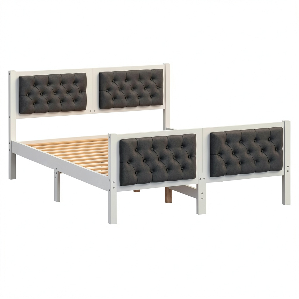 Struttura letto queen size in legno di pino con testiera imbottita, grigio chiaro, 150x200 cm, moderno e resistente