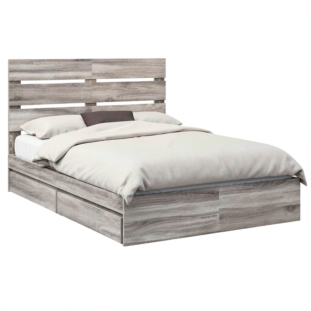Letto Matrimoniale King Size con Contenitore e Testiera Imbottita, Grigio Sonoma 160x200 cm