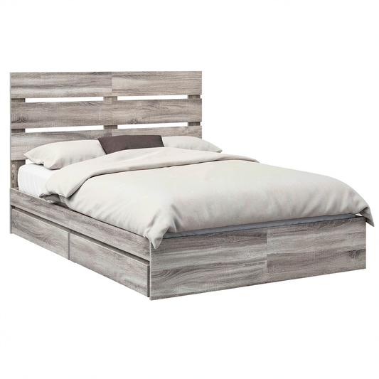 Letto Matrimoniale King Size con Contenitore e Testiera Imbottita, Grigio Sonoma 160x200 cm