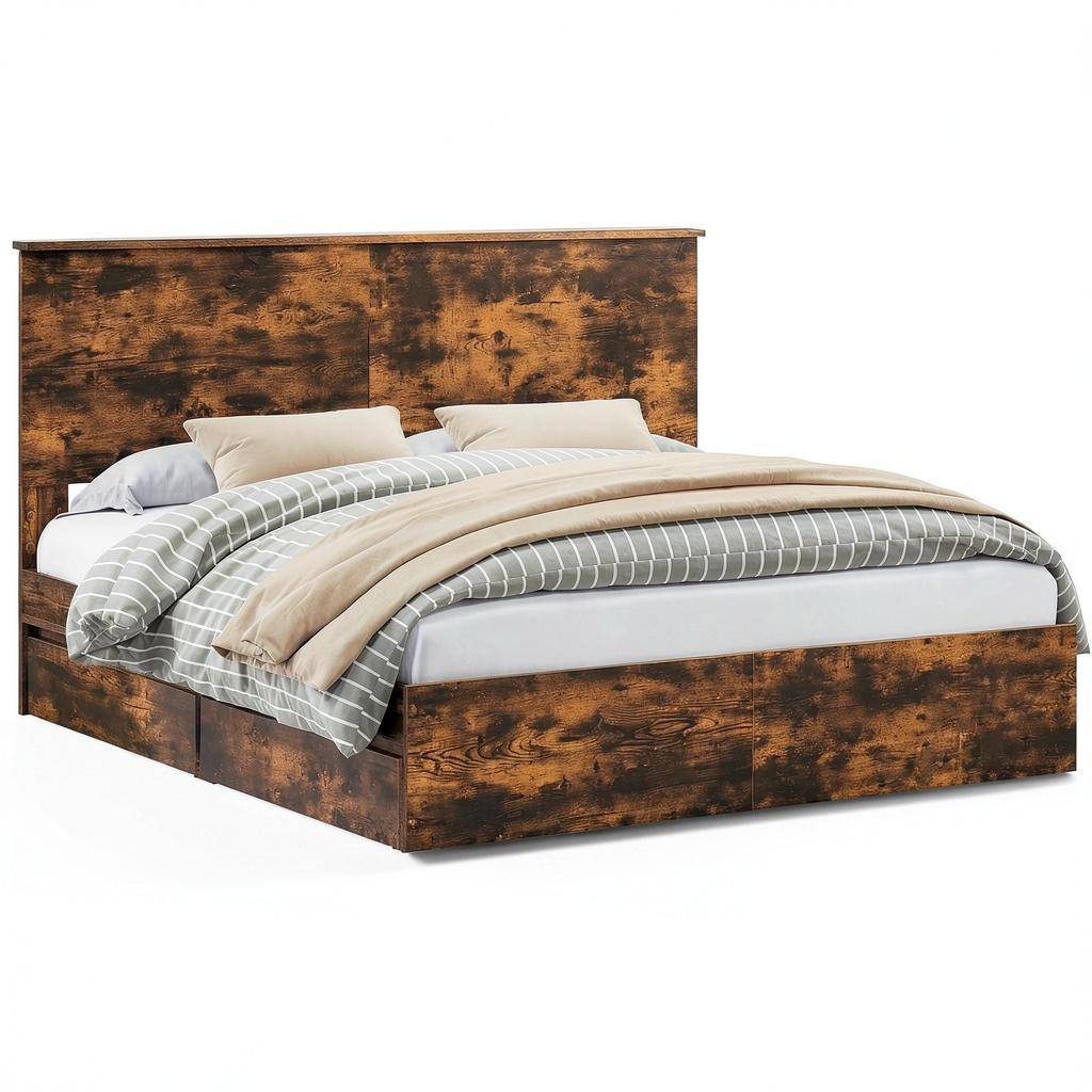 Letto Matrimoniale 180x200 cm con Contenitore e Cassetti in Rovere Affumicato