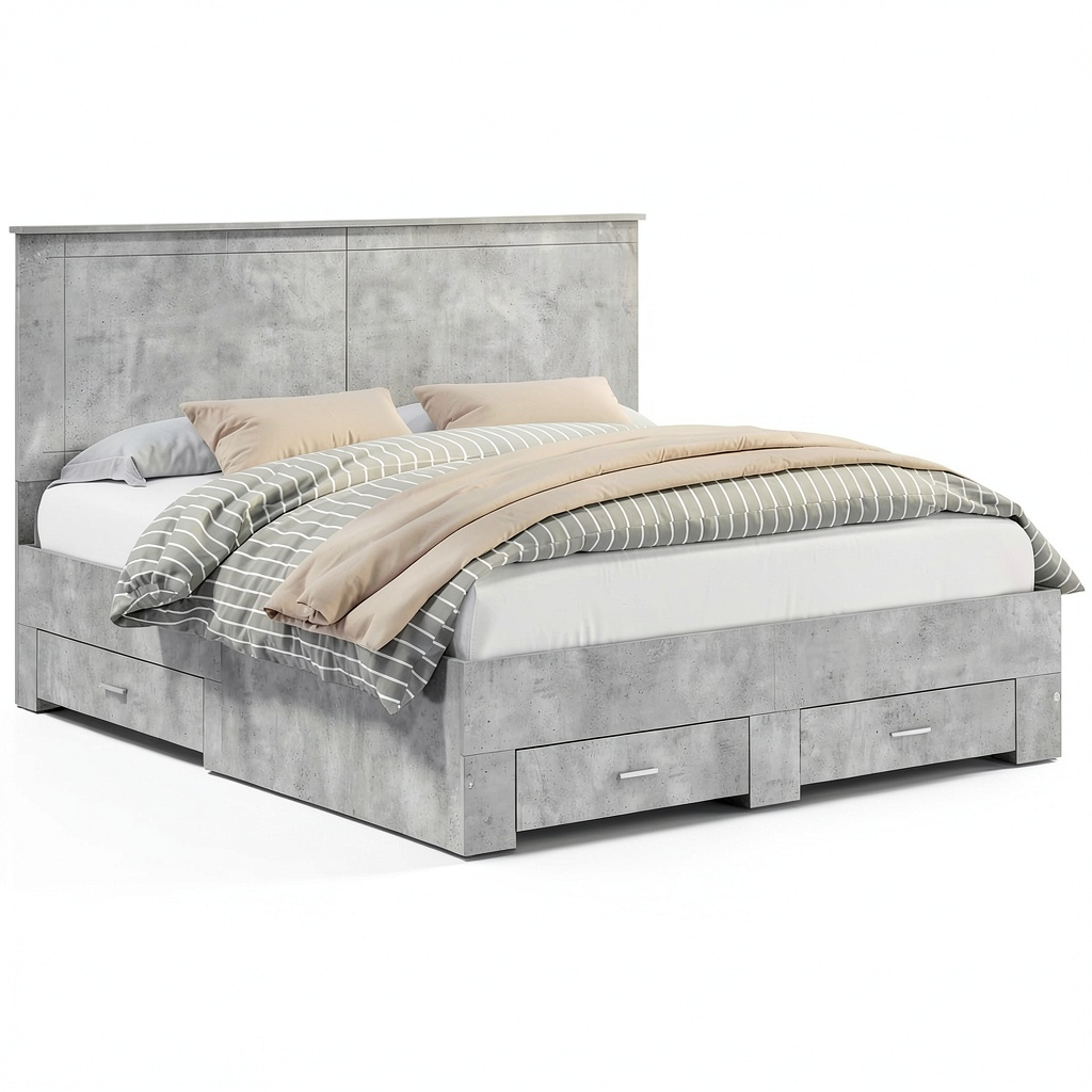 Letto King Size Grigio Cemento con Contenitore e Maniglie in Argento