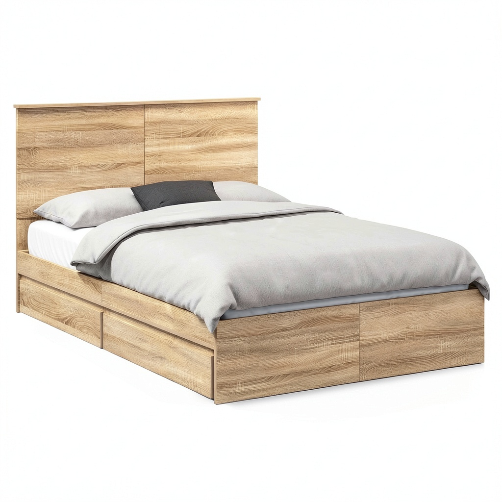Letto matrimoniale moderno con contenitore, rovere Sonoma, 160x200 cm, 2 cassetti, rete a doghe e testiera inclusi