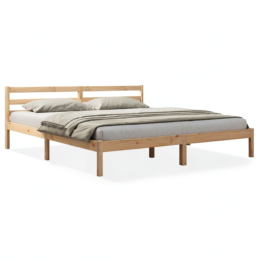 Letto Matrimoniale in Legno Massello con Testiera 180x210 cm, Rete in Doghe di Pino