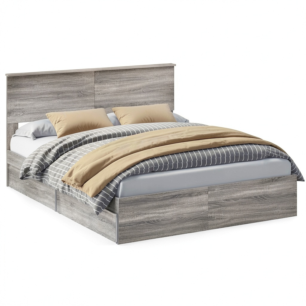 Letto Matrimoniale con Contenitore e Testiera Grigio Sonoma, 160x200 cm, Dotato di Cassetti e Rete a Doghe, Struttura in Legno per Camere Moderne, Facile da Montare