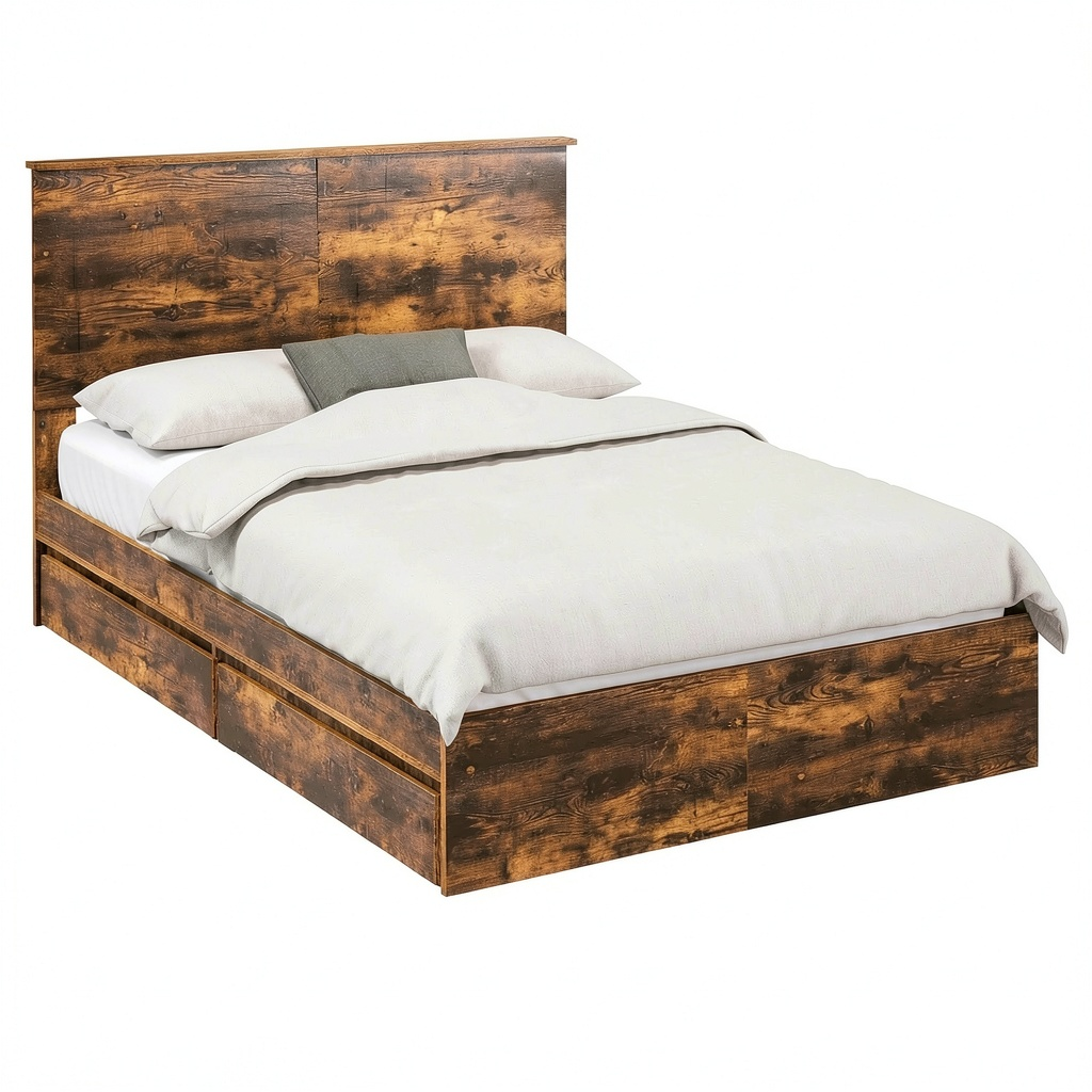 Letto Matrimoniale con Contenitore e Testiera, Rovere Fumè, 160x200 cm, Design Moderno, Cassetti Integrati, Legno Multistrato, Facile Montaggio