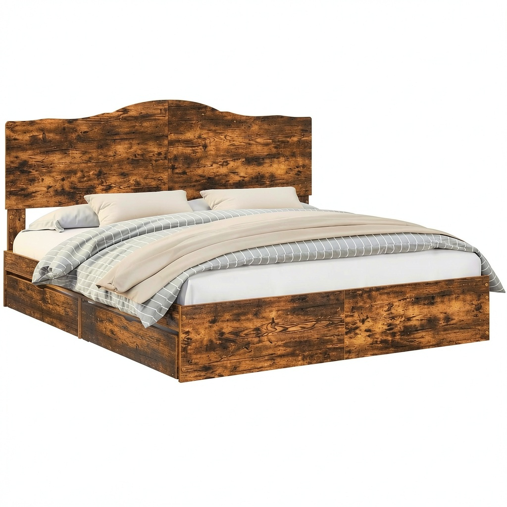Letto Matrimoniale Contenitore Rovere Fumé 180x200 cm con Cassetti e Testiera Moderna