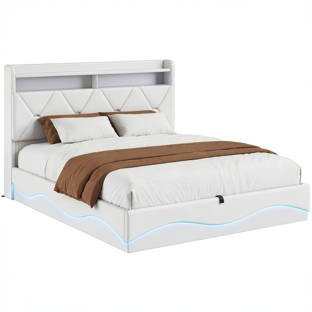 Letto Matrimoniale Imbottito con Contenitore 160x200 cm, LED e USB, Ripiani e Portaoggetti, Velluto
