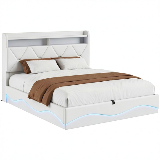 Letto Matrimoniale Imbottito con Contenitore 160x200 cm, LED e USB, Ripiani e Portaoggetti, Velluto