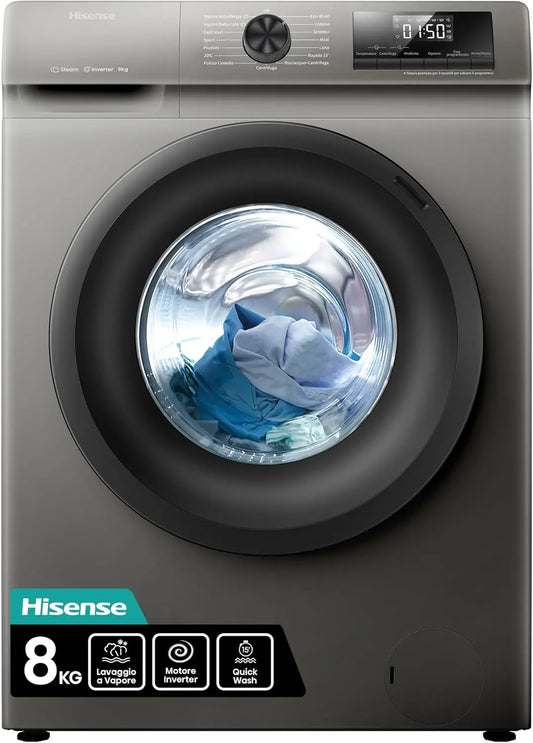 Lavatrice Hisense WFQP8014EVMT - colore Grigio - con display digitale, a LED - 8 Kg