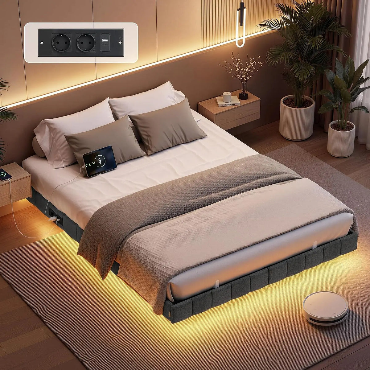 Letto VASAGLE - colore Grigio - a LED - 200 cm, 500 kg